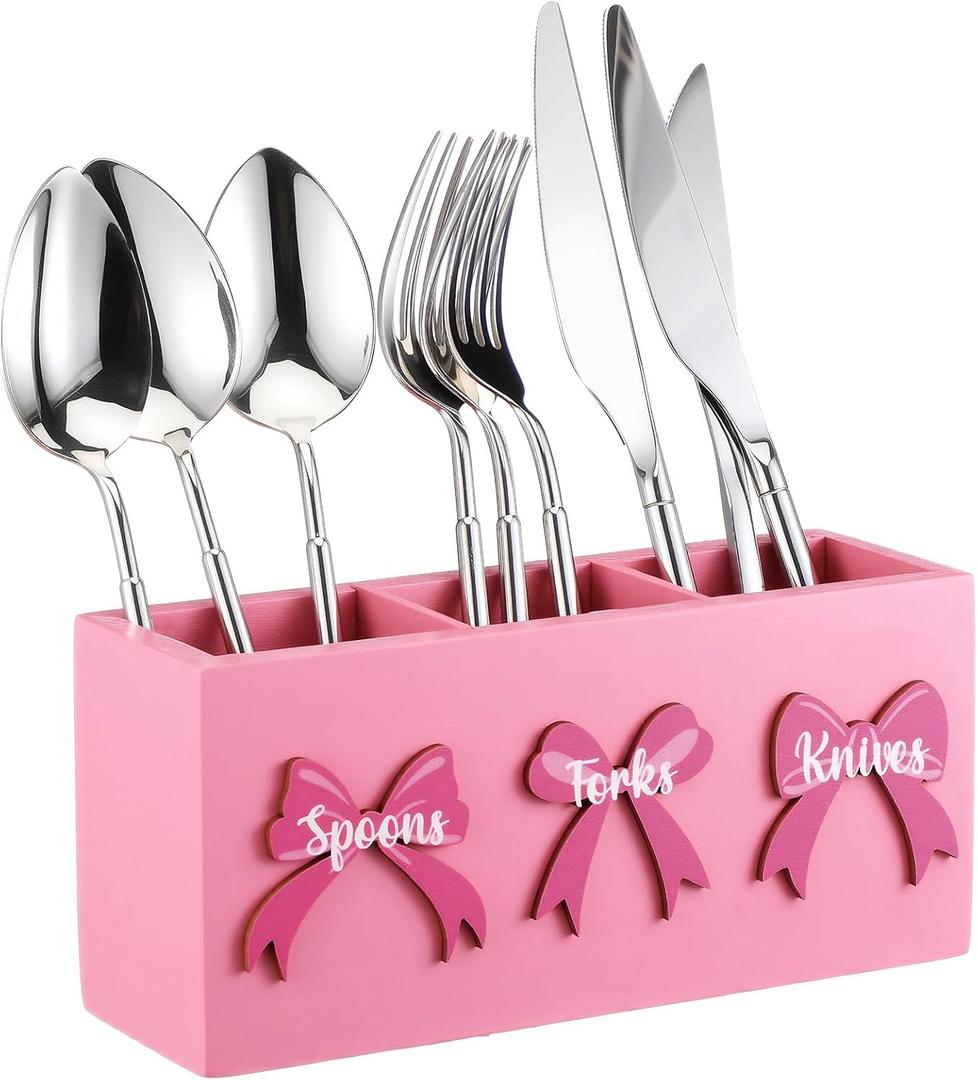 Patelai Pink Bow Wood Flatware Silverware Caddy for Countertop Small Decorative Christmas Utensil Holder Kitchen Counter with 3 Compartment Farmhouse Knife Spoon and Fork Holder for Party Kitchen