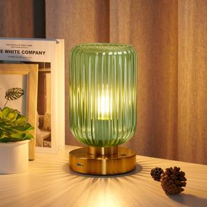 LightRound Cordless Table Lamp for Bedroom, 7500mAh Rechargeable Battery Operated Lamp, Modern Touch Dimmable Wireless Lamp Gold Base Green Glass Shade for Living Room, Desk, Led Bulb Included