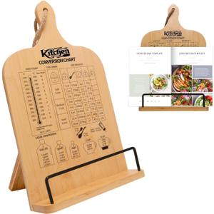 Cookbook Stand for Kitchen Counter, Bamboo Cookbook Holder, Foldable Cook Book Holder, Adjustable Recipe Book Stand, Cook Book Stand with Measurement Conversion Chart