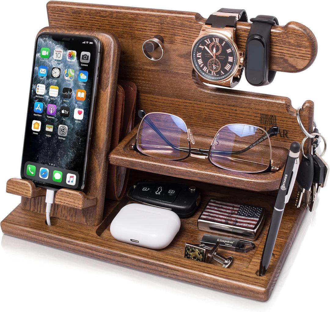 TESLYAR Wood Phone Docking Station for Men  Desk or Nightstand Organizer  Birthday Gifts for Husband or Dad  Anniversary Idea from Wife  Key Holder, Stand Wallet, Watch & Essentials (Earth Beige)