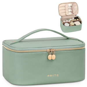 Prite Makeup Bag, Large Capacity Portable Travel Cosmetic Bag, Waterproof Makeup Organizer for Women with Handle and Divider (001 Green