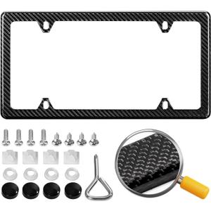 Real Carbon Fiber License Plate Frame, 100% Pure Carbon Fiber Frame, Black License Plate Holder Cover with Screw Caps, Anti-Vibration Pads (Twill 4 Hole)