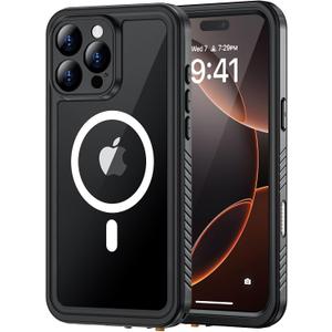 Lanhiem Magnetic for iPhone 16 Pro Max Waterproof Case, Dustproof Case with Screen Protector [Compatible with MagSafe], Full Body Heavy Duty Rugged Phone Cover for iPhone 16 Pro Max 6.9" (Black/Clear)