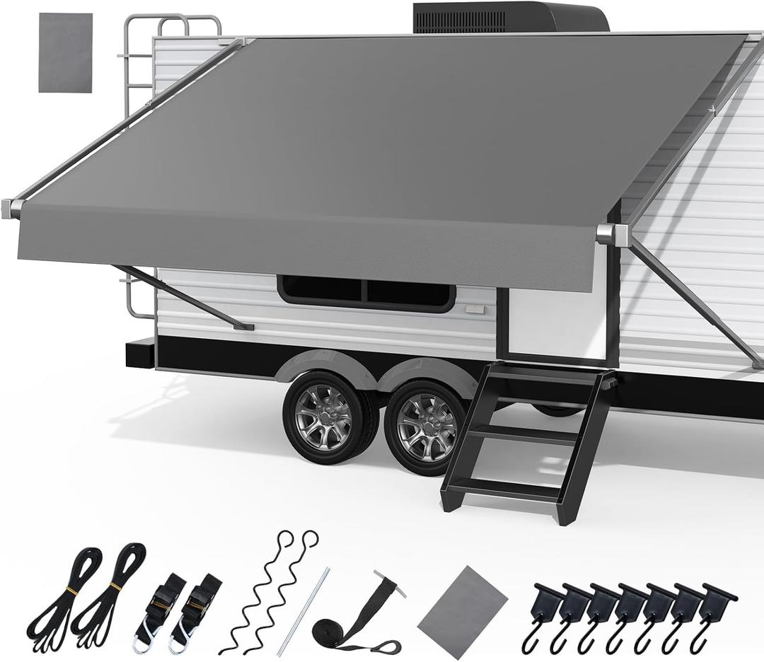 RV Awning Fabric Replacement, Upgraded 19oz Heavy Duty Material with Awning Tie Down Kits & 7 Hooks, Outdoor Vinyl Canopy for Trailer and Motorhome Awning- 11'(Fabric 10'2"), Gray
