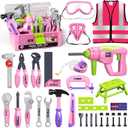 Pink Kids Tool Set for Girls-Toddler Tool Set with Electronic Toy Drill & Tool Box, STEM Pretend Play Construction Toys with Costume Vest, Educational Gifts for Age 3 4 5 6 7 Year Old