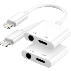 Apple MFi Certified 2-in-1 Lightning to 3.5mm Headphone Jack Adapter,Fast Charger&Aux Audio Splitter Dongle for iPhone-Car AUX,Home,Gym,Travel,Compatible with iPhone 14/13/12/11/XR/X/8/7,2Pack,White