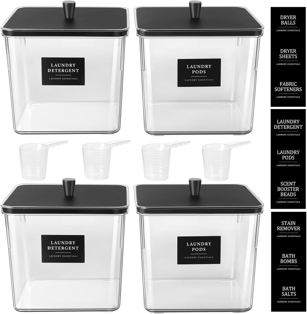 Hudgan 4 Pack Laundry Detergent Container Large Laundry Pods Jars with Lids and Scoop for Laundry Room Organization (Black)