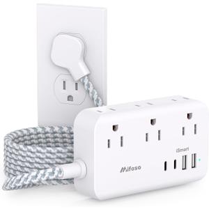 Power Strip Extension Cord - 6 Outlets and 4 USB (2 USB C), Braided Cord with Ultra Thin Flat Plug, Wall Mount, Overload Protection, Travel, Cruise Ship, Dorm Room Essentials (15FT, White)