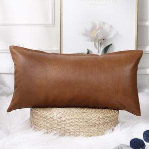 Decorative Lumbar Throw Pillow Covers 14 x 26,Premium Faux Leather Long Pillow Covers Cushion Case for Farmhouse Sofa Couch Bed Livingroom,Modern Boho,Vegan Brown