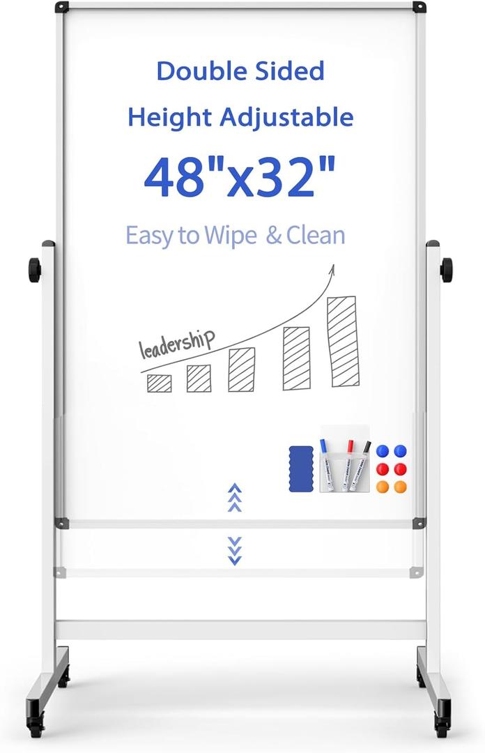 Rolling Whiteboard on Wheels, Double-Sided Magnetic Dry Erase Board with Stand, Mobile White Board for Office, Classroom, Home (32" x 48")