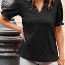 Dokotoo Womens Summer Short Puff Sleeves Blouses Shirts V Neck Cute Solid Knit Textured Casual Regular Fit Tops (Black, S)