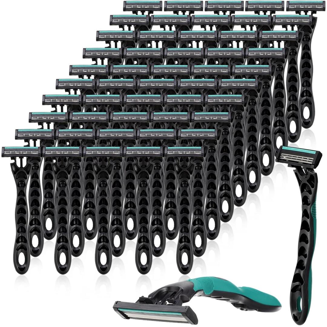 50 Pcs Men's Disposable Razors Bulk 3 Blade Men Razors for Head Sensitive Skin Comfortable Shave