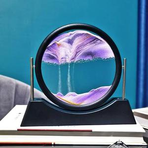 Oneshow Moving Sand Art Picture Flowing Sand Painting 3D Deep Sea Sandscape Liquid Motion Display 360 Rotation Round Glass Frame Relaxing Desktop Home Office Decor for Adult Desk Art (Purple)