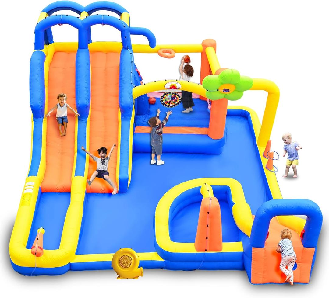 Inflatable Bounce House with Blower, Jumping Castle with Triple Slide Park, Dartboard, 3 Slides, Ring Toss Game and Climbing Wall