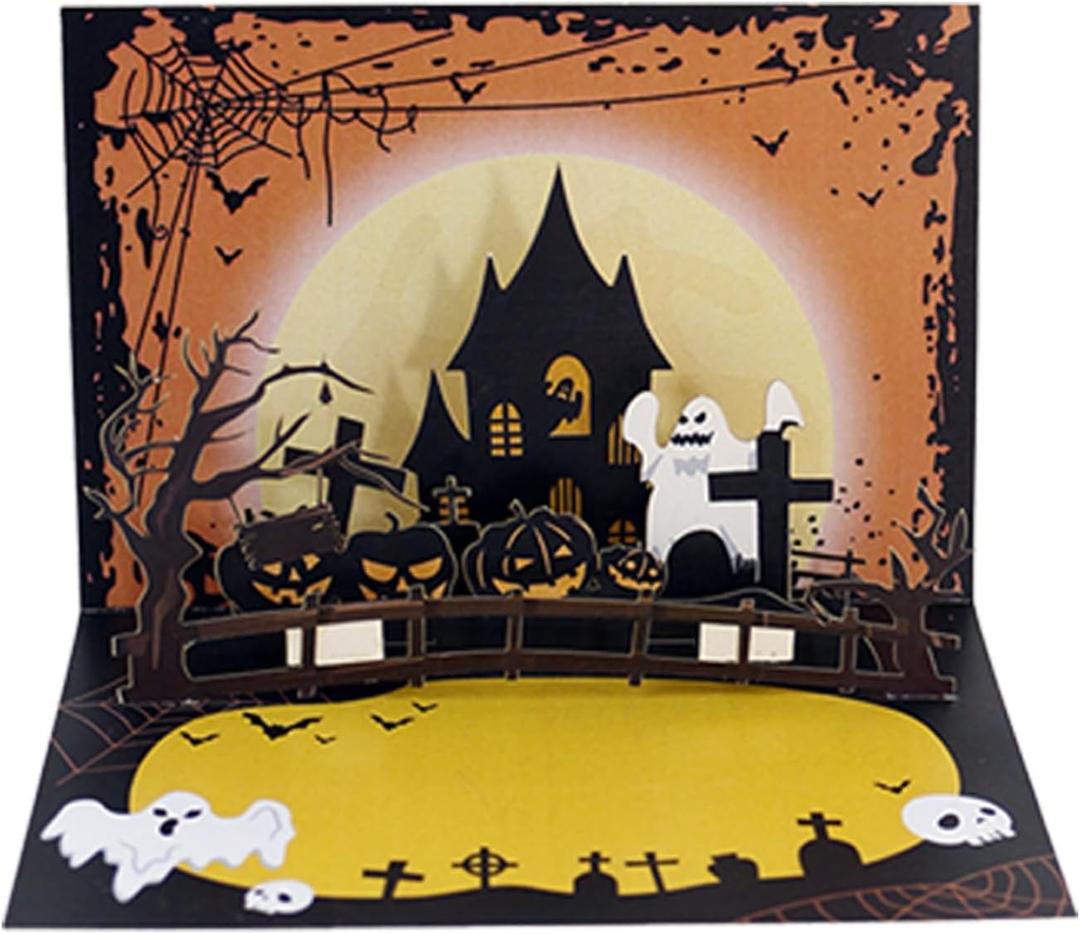 3D Pop up Halloween Greeting Card, Spook Pumpkin Halloween Postcard, Pumpkin Bat Greeting Card for Daughter, Son, Family, Friends (Ghosts, Bats, Haunted Houses, Spider Webs)