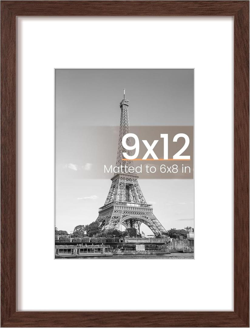 Upsimples 9x12 Picture Frame, Display Pictures 6x8 with Mat or 9 x 12 Without, Wall Hanging Photo Frames, Brown, 1 Pack