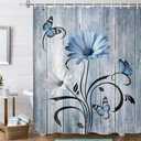 Rustic Farmhouse Floral Shower Curtain, Boho Blue Daisy Flowers Butterfly on Country Wooden Bath Curtains for Bathroom, Fabric Wildflower Farm Bathroom Decor Sets with Hooks,70X70IN