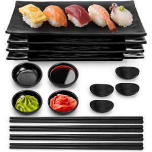 16 Pcs Sushi Plate Set, Melamine Sushi Serving Dishes, Japanese Dinnerware Sets with 4 Sushi Trays, 4 Soy Sauce Bowls 4 Pairs of Chopsticks and Holders, Wedding Housewarming Gift, Black
