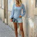 Womens Puff Long Sleeve Tops Square Neck Ribbed Knit Slim Fit Blouse Basic Tee Tops Elegant T Shirts (Blue, S)