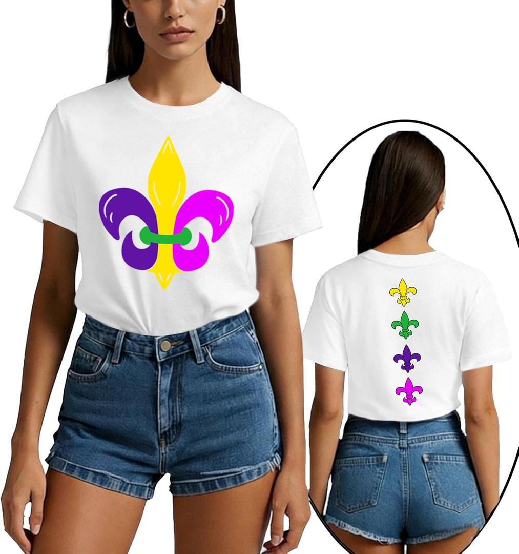 New Orleans Shirts for Women Fat Tuesday T-Shirt Holiday Party Tee Tops (White, L)