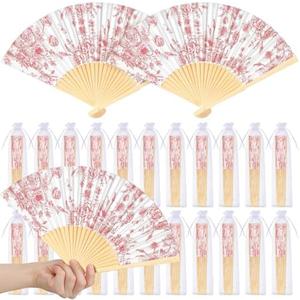 25 Sets Pink Flower Hand Folding Fans with Organza Bags Bulk, Guests Pink Floral Paper Fans Wedding Favors Decorations for Bridal Shower Garden Wedding Bridesmaid Party Gift