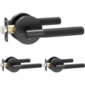 Amerdeco 3 Pack Matte Black Door Handles Interior, Knurled Privacy Door Handles with Lock,Heavy Duty Black Door Lever for Bedroom or Bathroom,Reversible Keyless for Left Right Handed Doors