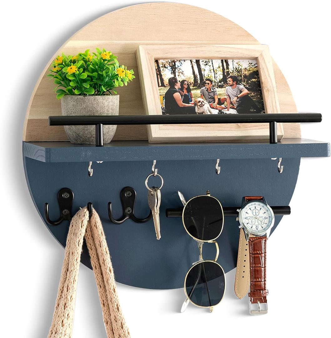 Key Holder for Wall Decorative with Shelf and Hooks, Mail Organizer Wall Mount with Sunglasses Holder, Circular Design Entryway Key Rack Hanger, Rustic Home Decor (Light brown&Navy blue)