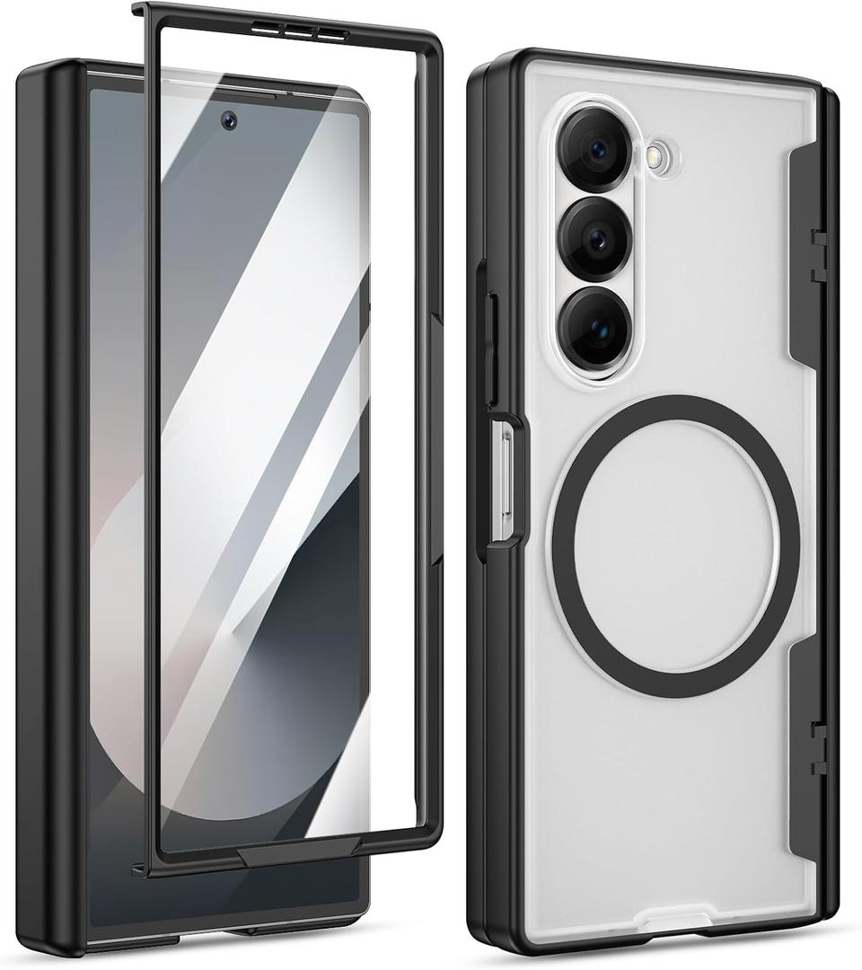 Maxdara for Z Fold 6 Case [Compatible with Magsafe], Hinge Protection and Built-in Screen Protector Magnet Magnetic Translucent Cover for Samsung Galaxy Z Fold 6 (Black)