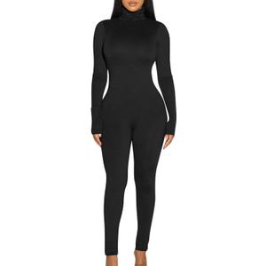 BORIFLORS Long Sleeve Jumpsuit for Women Sexy Turtleneck One Piece Bodycon Rompers Clubwear (Small, Black)