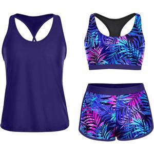 Yonique 3 Piece Athletic Tankini Swimsuits for Women with Shorts Swim Tank Tops with Sports Bra and Boyshorts Bathing Suits (X-Large, Blue Purple Leaves)