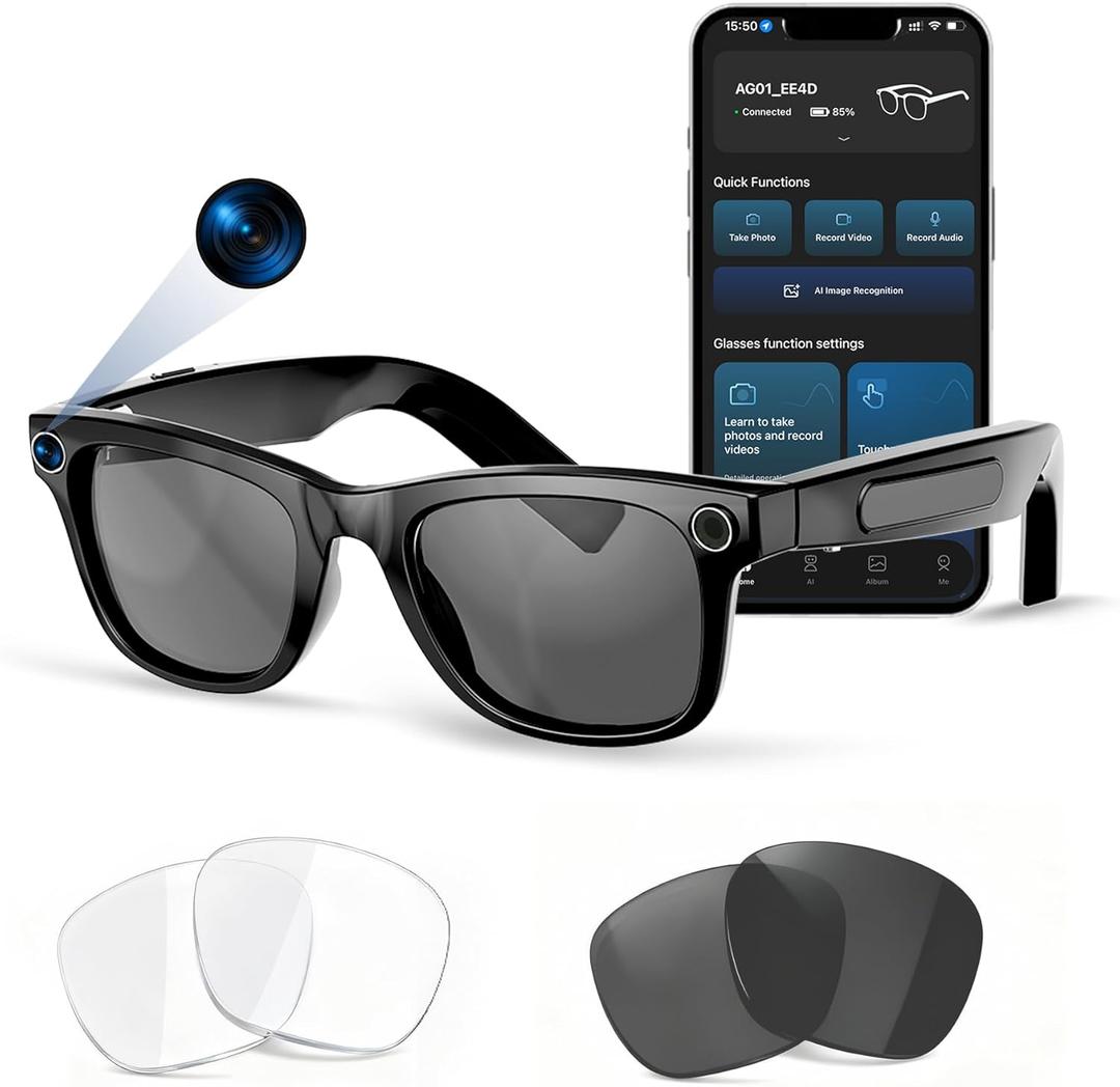AI Smart Glasses with Voice Assistant, 8MP HD Camera Glasses, 1080P Video Recording Sunglasses, Dual Core Chip Noise Reduction, RealTime Translation, Interchangeable Blue Light & UV Protection Lenses