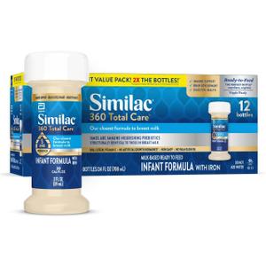 Similac 360 Total Care Infant Formula, Has 5 HMO Prebiotics, Our Closest Prebiotic Blend to Breast Milk, Non-GMO, Baby Formula, Ready to Feed, 2-fl-oz Bottle, Pack of 12