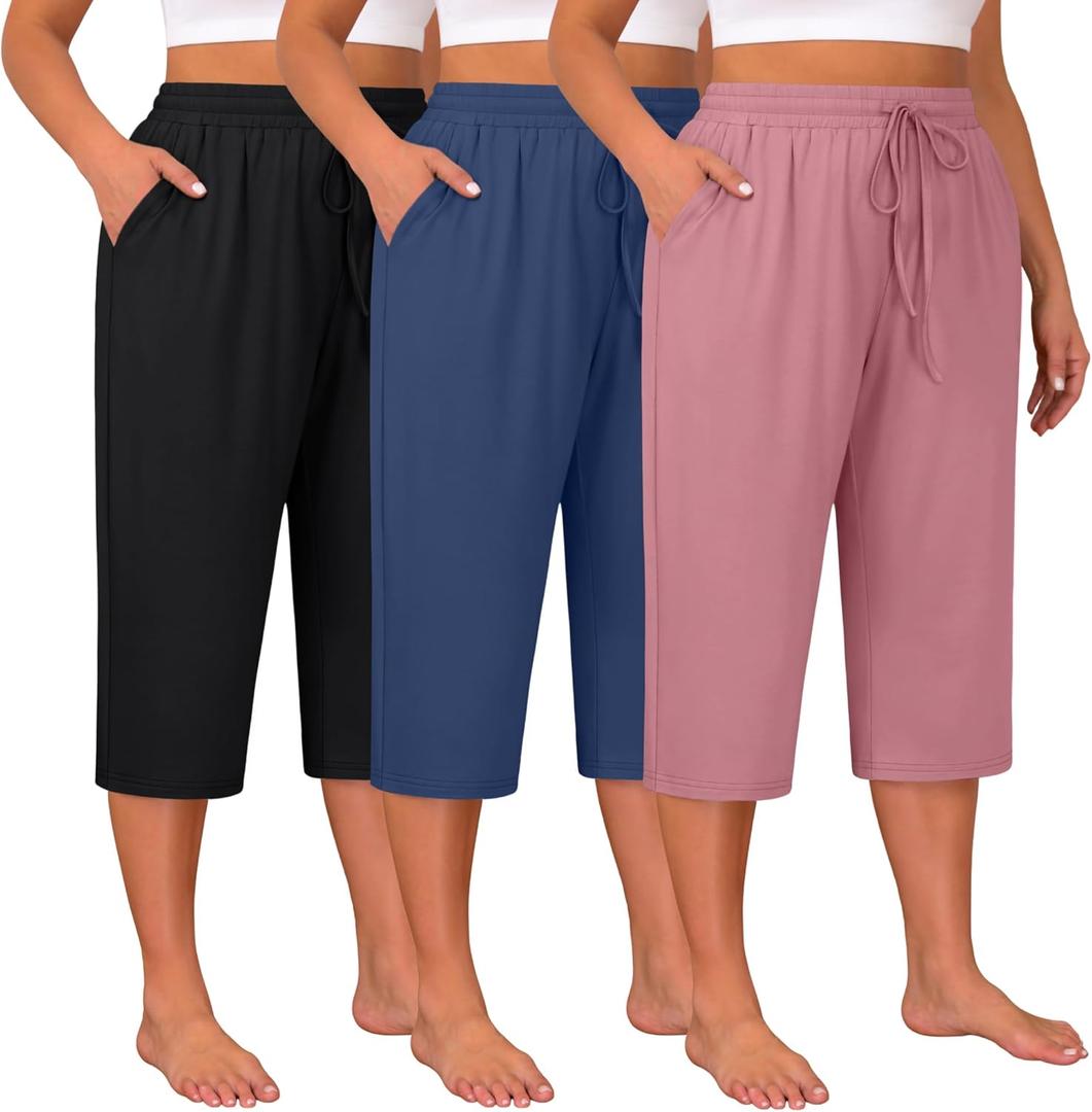 Huukeay 3 Pack Women's Plus Size Capris, Drawstring Cotton Yoga Capri Sweatpants Summer Casual Loose Cropped Pant with Pocket (5X-Large, Black, Denim Blue, Rose Pink)