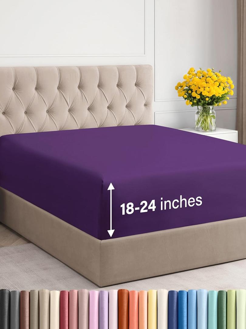 Extra Deep Cal King Fitted Sheet - Hotel Luxury Single Fitted Sheet Only - Easily Fits 18 inch to 24 inch Mattress - Ultra Soft, Wrinkle & Fade Free w/Extra Deep Pockets - Breathable & Comfy - Purple