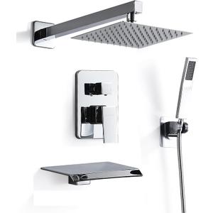 8 Inch Shower Faucet Set, Rainfall Shower System with High Pressure Handheld Shower Head, Bathroom Mixer Shower Set Wall Mounted Shower Faucet Rough-in Valve and Trim Kit, with Tub Spout