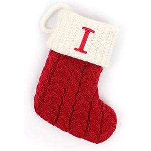 Christmas Stockings with Initials, 7.1 Inches Small Embroidered Letter Knit Red White Christmas Stocking for Family Holiday Decorations and Xmas Tree Fireplace (I)