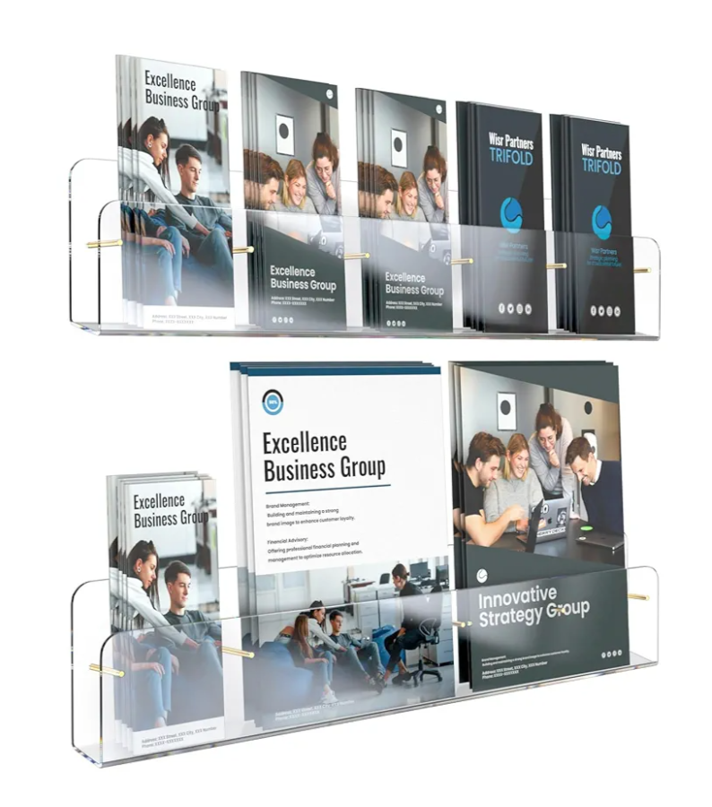 HIIMIEI Brochure Holder Wall Mount, 2-Pack Acrylic Modular Flyer, Pamphlet Display Stand with Magnetic Brass Bolts, Dual Installation Options, and Designed for Schools, Studios, and Community Spaces