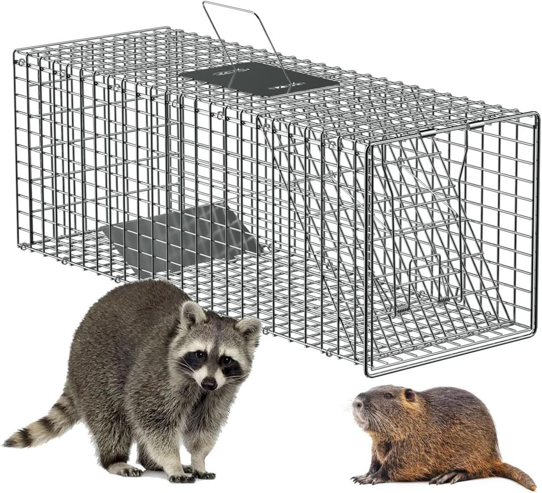 Foldable Humane Live Animal Trap Cage-30"x11.5"x11", Powder-Coated Alloy Steel Live Trap-Zip Ties -Squirrel Cage for Stray Cats, Raccoon, Squirrel, Mole, Opossum & Feral Cats