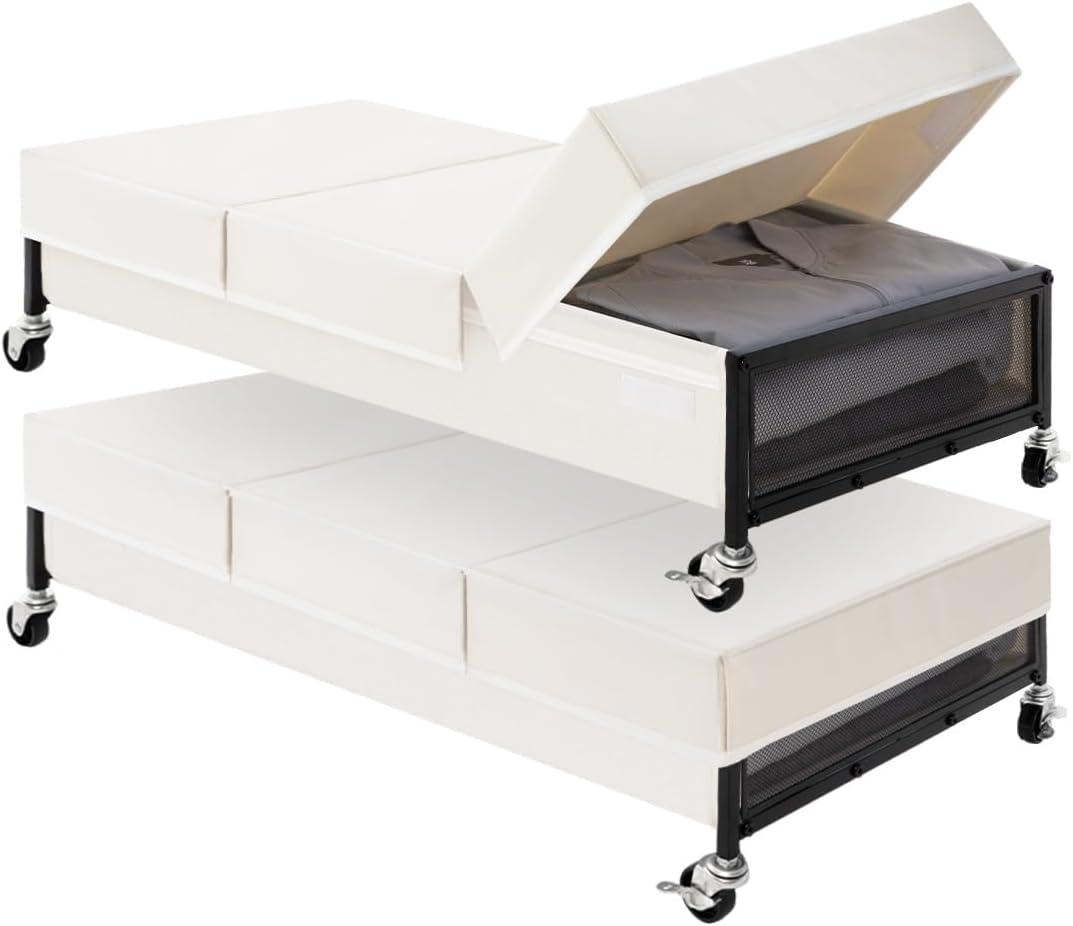 StorageWorks Under Bed Storage with Wheels, 2-Pack Underbed Storage Containers with Lids, 80L Closet Organizer Bins for Clothes, Blankets, Sweater, Beige