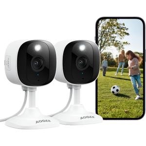 AOQEE 2K Cameras for Home Security-Outdoor/Indoor Camera for Dog/Cat/Pet/Nanny/Baby/Elderly, Color Night Vision, White Light, Siren, 24/7 SD Recordings, Works with Alexa, Plug in (C1-White-2pack-2.4G)