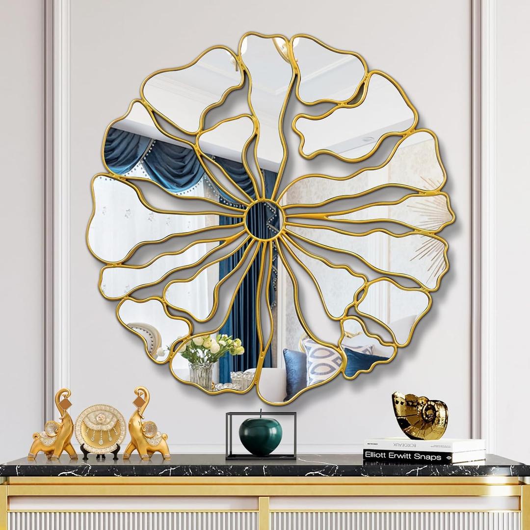 Gold Wall Mirrors Decorative, 32 Large Round Mirrors for Wall Decor, Flower Shaped Decorative Wall Mirror for Living Room, Bedroom, Dining Room