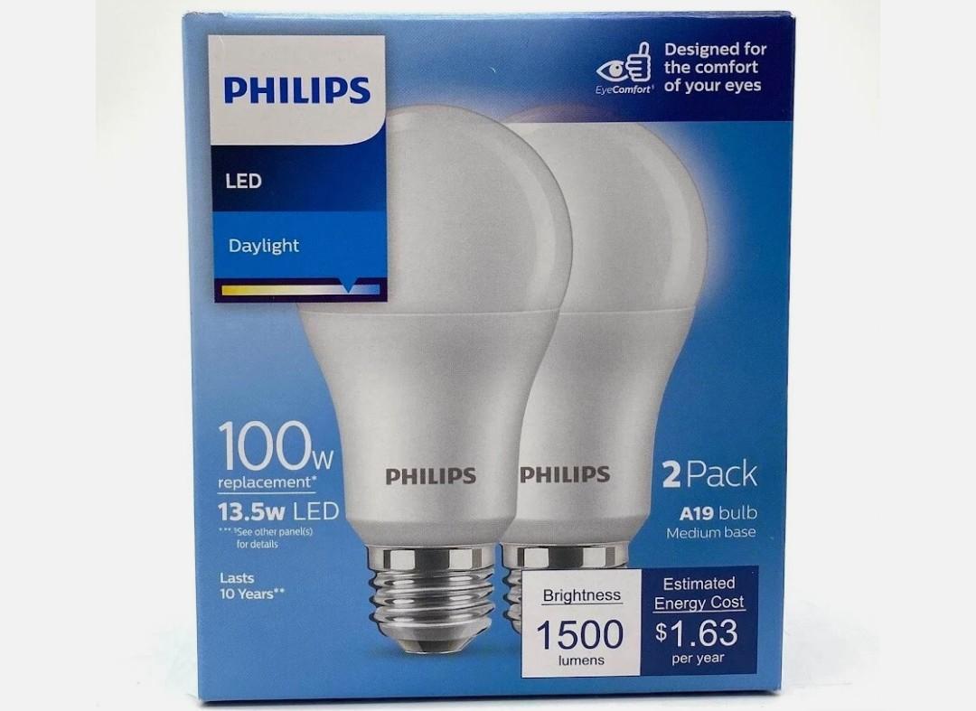 Philips A19 E26 (Medium) LED Bulb Daylight 100 Watt Equivalence 2 pk Philips A19 E26 (Medium) LED Bulb Daylight 100 Watt Equivalence 2 pk