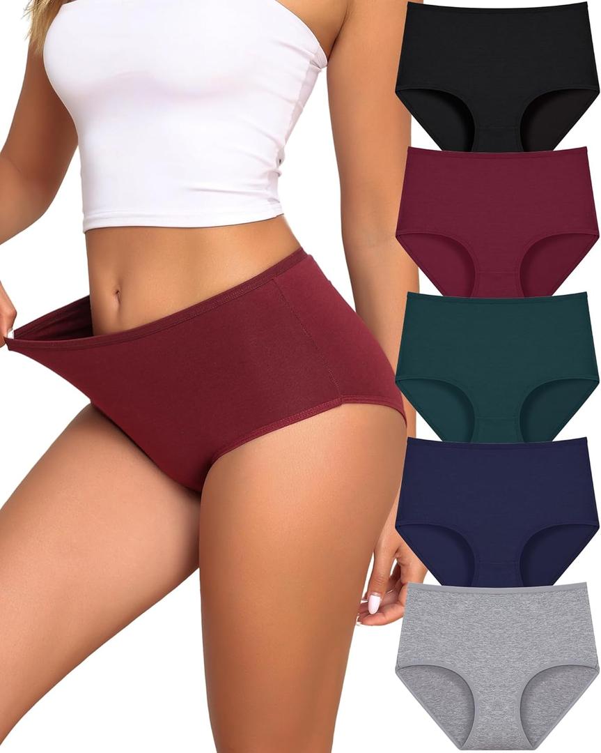 UNDER THE SEA Cotton Underwear for Women High Waisted Full Coverage Soft Briefs Plus Size Women's Panties XS-XXXL 5 Pack (Large, Black / Gray / Red / Green / Blue)