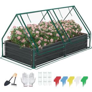 Galvanized Raised Garden Bed for Vegetables Flowers Herbs, Cover Outdoor Extra-Thick Metal Planter Box Kit,w/ 2 Roll-Up Large Windows Mini Greenhouse, Tomato Cage, Labels, Tool, 631FT Black(Clear)