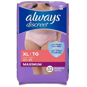 Always Discreet Adult Diapers for Women, Incontinence Underwear, Postpartum Essentials, Disposable Briefs, Max Absorbency, Bladder Leak Protection, XL, 32ct