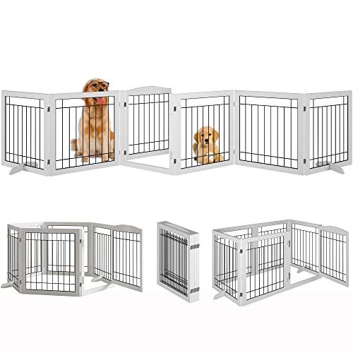 Vantas Folding Pet Gate 144" Wide, 30" Tall No-Assembly Wooden Dog Gate with Door Walk Through, Freestanding Wire Pet Puppy Safety Fence, with 2PCS Support - White