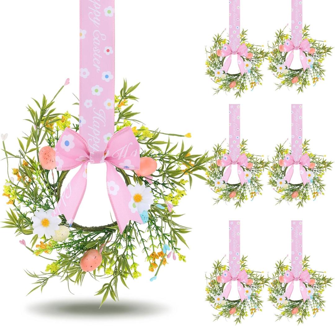 6 Pcs Easter Kitchen Cabinet Wreaths, 8.6" DIY Mini Spring Artificial Flower Easter Egg Wreath with Ribbon for Window Front Door Table Centerpiece Decor