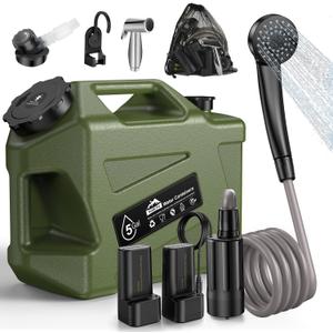 Portable Camping Shower with Water Jug, Electric Rechargeable Camping Shower, 5-Gallon Food Grade Water Containers, Outdoor Camp Pump for Hiking Beach, Travel, Pet Bath (2 Batteries)
