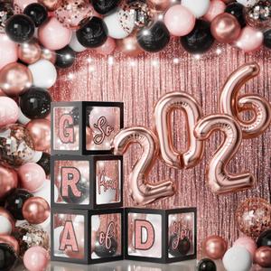 2026 Graduation Decorations - 86 PCS Graduation Party Decor Supplies Set Includes LED Light Strings Balloon Block Boxes with Letters Foil Curtains Backdrop 2026 Balloon - Black Pink Rose Gold