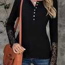 Miselon Womens Long Sleeve Henley Shirts V Neck Lace Button Tops Ribbed Knit Casual Slim Fit Blouse (Black)